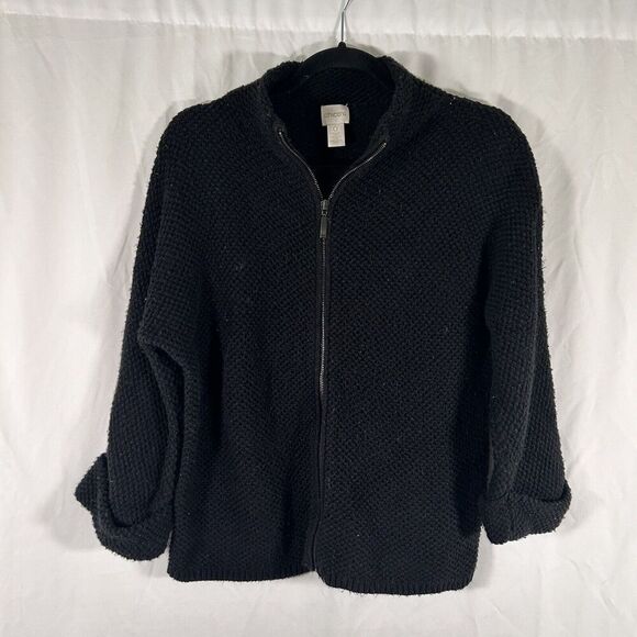 Chico's Sweater Women's 0 Small Black Knit Full Zip Long Sleeve - Picture 1 of 8